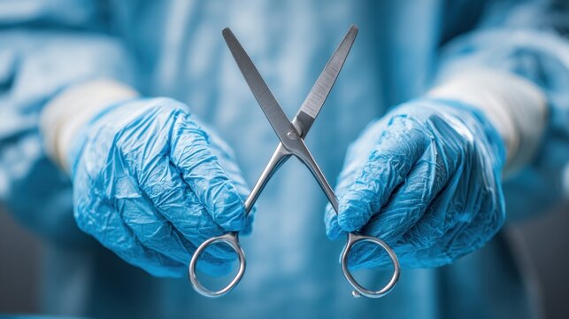 Surgeon holds surgical scissors in operating room while wearing blue gloves and preparing for medical procedure in hospital setting - Powered by Adobe