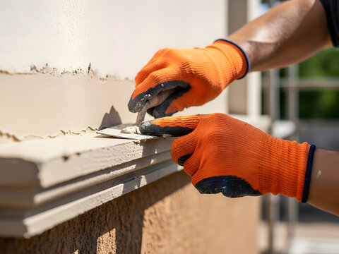 Construction worker applying exterior wall plaster finish | Detail of protective orange gloves smoothing mortar on facade trim | Professional insulation finishing and stucco work on building
