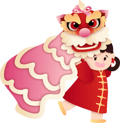 Girl with Chinese Lion Dance Costume Chinese New Year Illustration