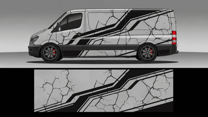 Graphic patterned van with bold line artwork and cracked texture on exterior sideview. © Lailatul