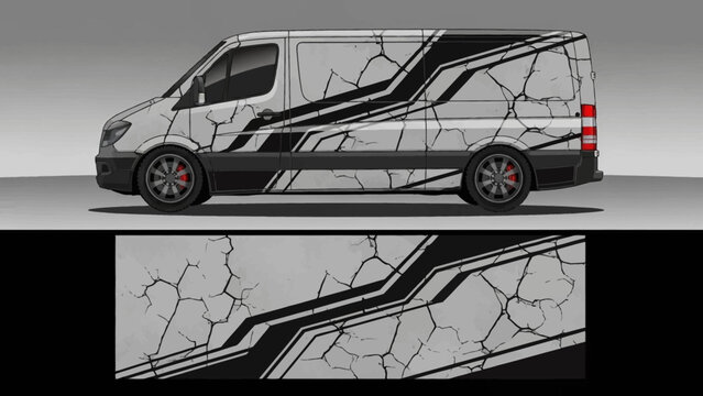 Graphic patterned van with bold line artwork and cracked texture on exterior sideview.