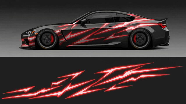 Sleek red and black sports car featuring bold flame decals and dynamic aerodynamic design.