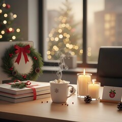 Cozy christmas workplace atmosphere with steaming cup of hot chocolate and burning candles