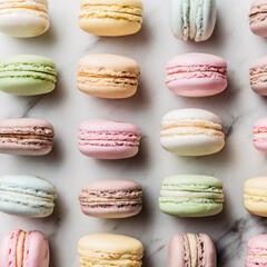 Fototapeta premium Colorful French Macarons Assortment Rows Pastel Rainbow Dessert Collection