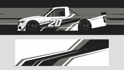 Stylized white race car graphic speeding on a track with bold black and gray accents. © Lailatul