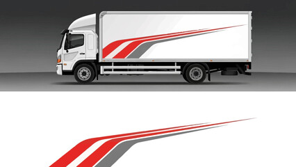 White Truck Trailer with Red Stripes in Side Profile on Road.