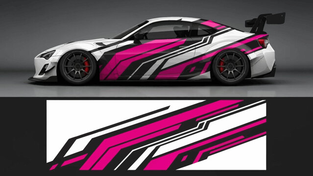 Pink, white and black racing car with bold graphic stripes and a rear spoiler.