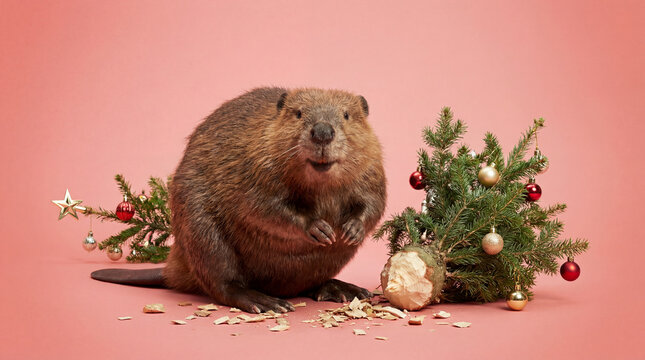 beaver with christmas tree branches ornaments and wood shavings on pink background for festive holiday funny animal wildlife humor and seasonal greeting card concept