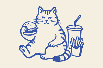 Cat with burger fries soda doodle outline vector illustration
