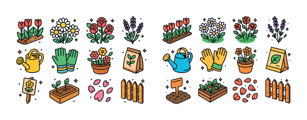 Colorful garden elements: flowers, tools, and accessories for ga