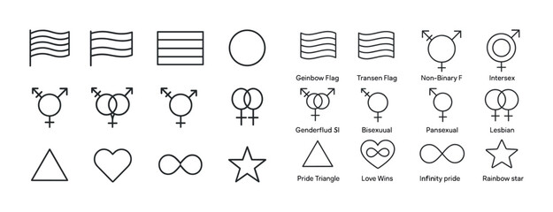 Minimalist lgbtq+ symbols collection: flags and gender icons