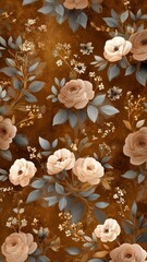 落ち着いた色合いの花柄パターン。インテリアやファッションのデザイン素材に最適な背景。