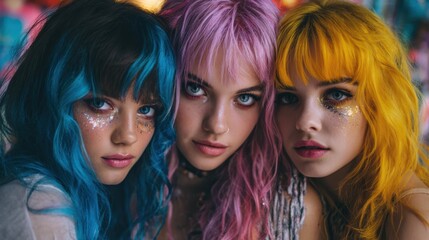 Naklejka premium Three young women with colored hair pose close together in a vibrant setting with colorful backgrounds and bright makeup during a fun activity