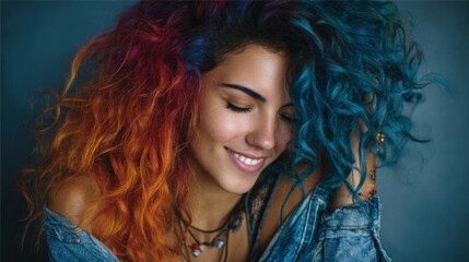 Naklejka premium Colorful hair and joyful expression show a young person enjoying their time in a relaxed setting with bright colors and natural light illuminating their features