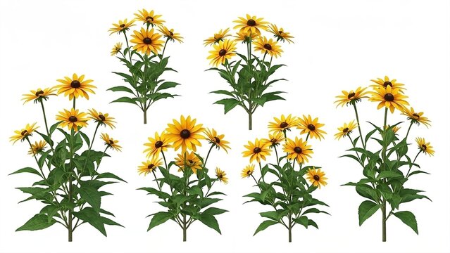 Collection of yellow coneflower plants with green leaves on a white background yellow flower daisy