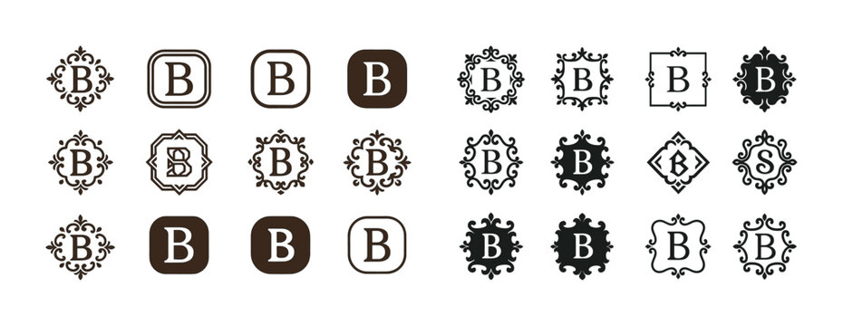 Elegant monogram designs featuring 'b' in vintage ornate frames