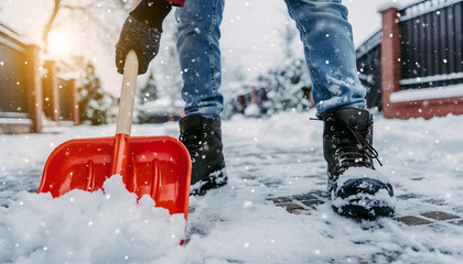 Person shoveling snow from a paved walkway during a snowfall.