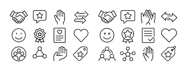 Naklejka premium Simple black and white line icons of hands, badges, and communic