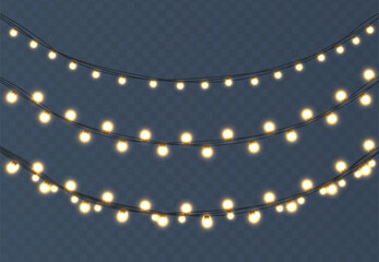 3d realistic vector illustration. Light garland in different shapes on dark background.