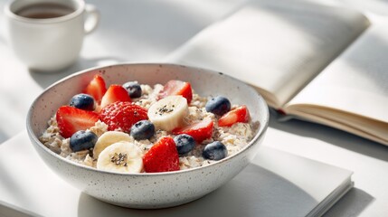 A ceramic bowl of oatmeal topped with berries and banana sits beside an open book and mug, bathed in natural light