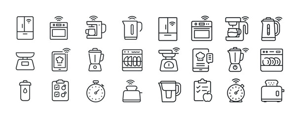Smart kitchen appliances icons set: fridge, oven, mixer, kettle,