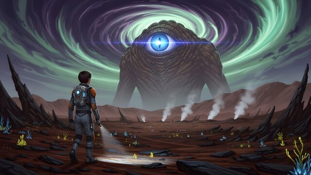 A lone explorer faces a colossal cyclopean alien creature under an swirling aurora on a distant, enigmatic planet