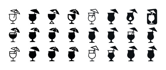 Fototapeta premium Set of 25 silhouette tropical cocktail icons with umbrellas