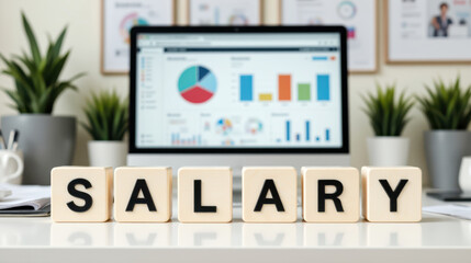Salary compensation strategy and payroll administration planning with financial data analysis on background to manage employee remuneration benefits and corporate income tax distribution
