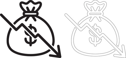 Fototapeta premium Black and white line art of a money bag with a downward arrow