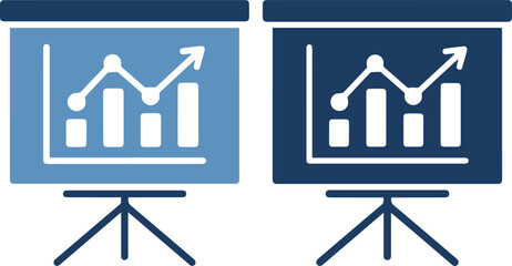 Fototapeta premium Two screens on stands displaying bar graphs with arrows pointing up