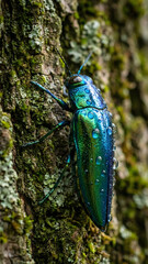 Vertical macro shot of a metallic, iridescent jewel beetle climbing up rough, moss-covered tree bark