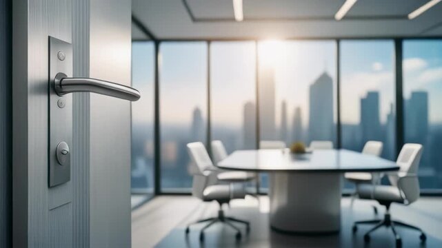 Close-up of sleek metal door handle opening to a blurred modern boardroom overlooking a city skyline at sunset, concept for corporate meeting, executive opportunity and office design