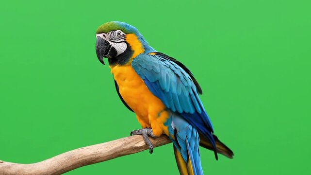 Blue and yellow macaw parrot perched on a branch against a green screen background.