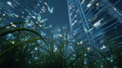 Obraz premium Glowing butterflies in grassy urban night