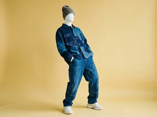 Mannequin wearing trendy patchwork denim streetwear outfit, including jacket, loose jeans, knit beanie, and chunky white sneakers, posed on a mustard yellow studio background.