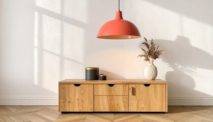 minimalist wooden cabinet with red lamp and vase.