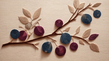 Craft project showing a branch with blue and purple flowers made from thread on a textured background created in a crafting space