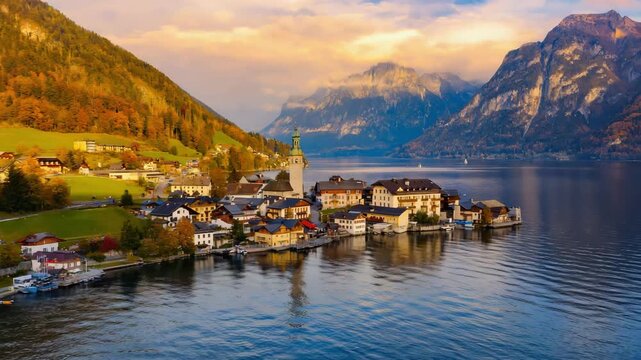 Slovenia's Lake Bled offers a stunning summer landscape view of water, mountains, and a village, perfect for travel tourism