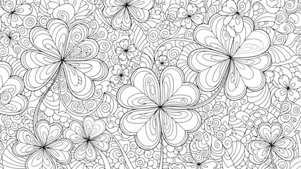 Seamless Pattern of Intricate Clover and Floral Designs in Black and White