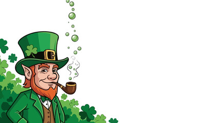 Cartoon Leprechaun with Pipe and Shamrocks, St. Patrick's Day Celebration