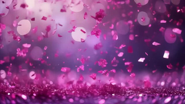 Vibrant pink confetti falling onto a glittering surface with purple bokeh background, concept for celebration events, romantic greeting cards and festive party invitations