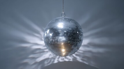 Obraz premium Shiny disco ball hangs from the ceiling while casting light patterns on the wall during a party in a dimly lit room