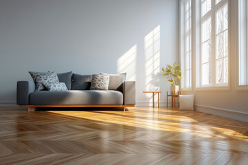 Modern living room with sunlight reflecting on herringbone wooden floor, minimalist furniture in the background