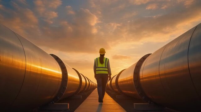 Female pipeline engineer walking between large industrial pipes at sunset, concept for energy infrastructure planning, industrial safety compliance and oil gas project management