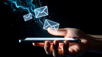 Digital email messages floating from a smartphone screen