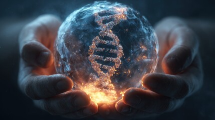 Light glows around a DNA strand inside a crystal globe held by hands in a dark space
