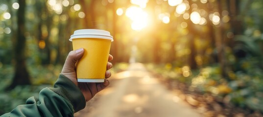 Person walking in park with reusable coffee cup embracing sustainable eco friendly lifestyle