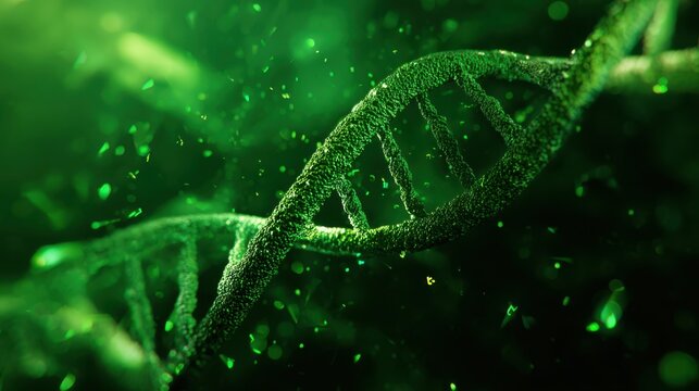 A detailed view of a green DNA strand surrounded by small particles in a dark background showing elements of biology and science in focus - Powered by Adobe