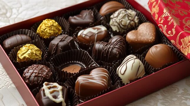 Hand reaching for assorted gourmet chocolates in a red gift box