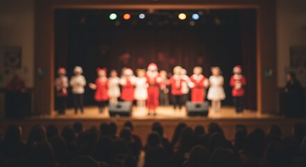 Naklejka premium Childrens Choir Performance on Stage with Red and White Costumes.